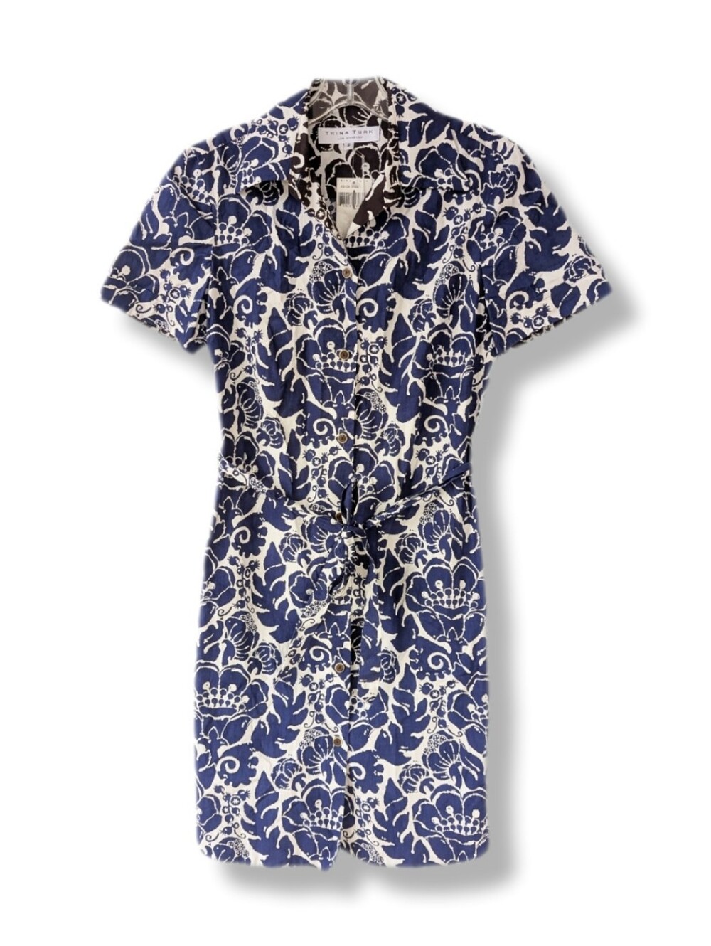 NWT Trina Turk Women's Blue & White Print Shirt Sleeve Button Front Shirt Dress